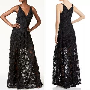 XSCAPE Black Floral Applique Lace Sleeveless Gown Floor Length Maxi Dress Size 8